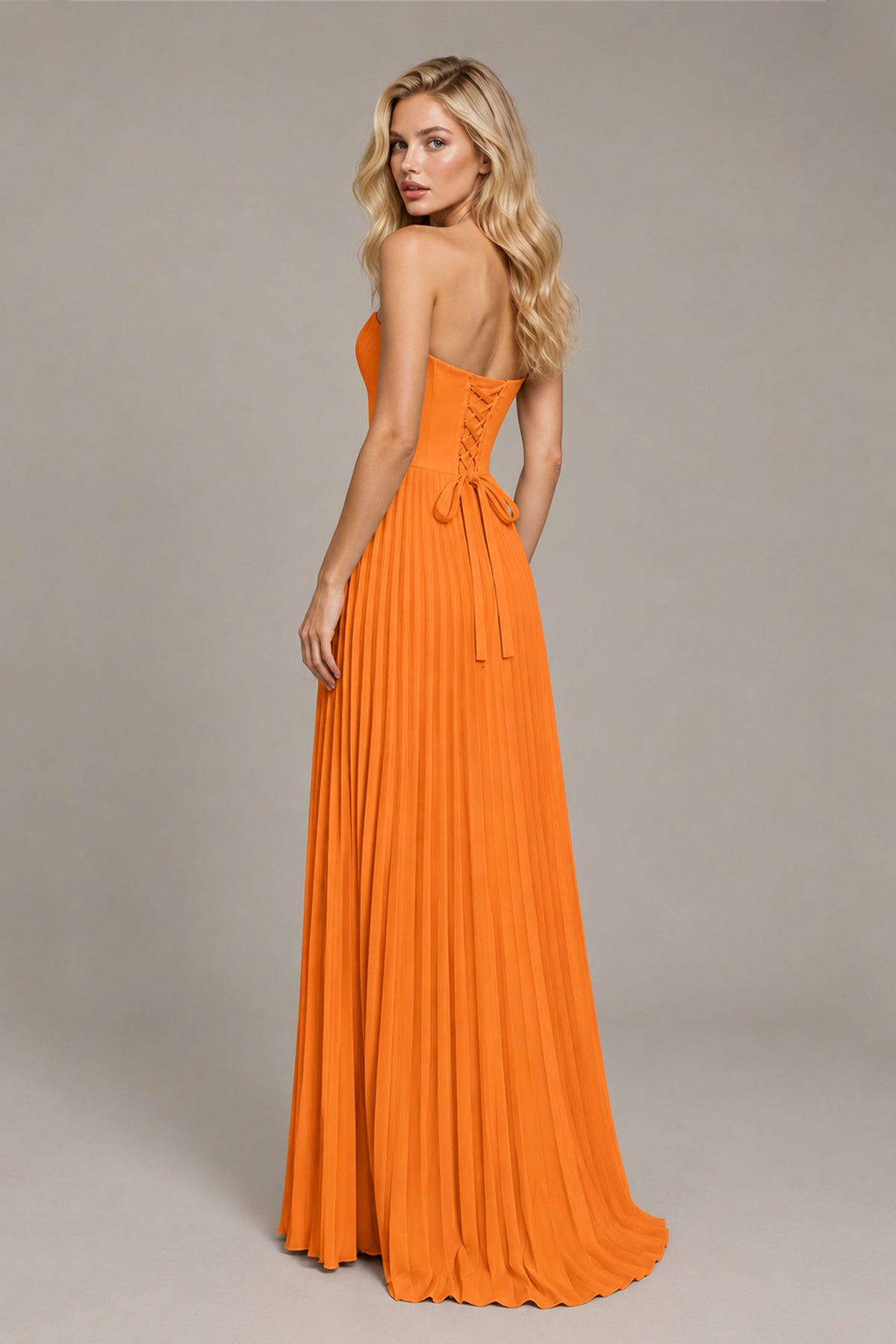 BOLODOO Orange Strapless Sunburst Pleated Twisted Knot Lace-Up Back Accordion Pleated Chiffon Maxi Dress - Orange