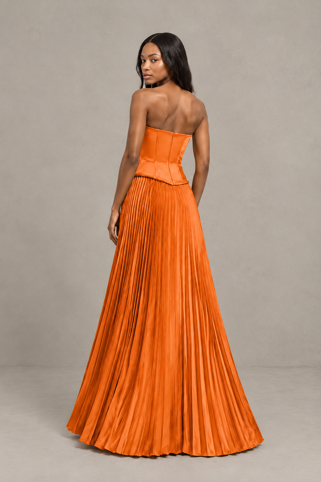 BOLODOO Orange Strapless Pleated Satin Evening Prom Dress - Orange