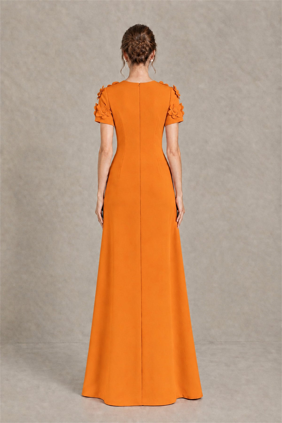 BOLODOO Orange Textured Floral Maxi Dress with Short Sleeves - Orange