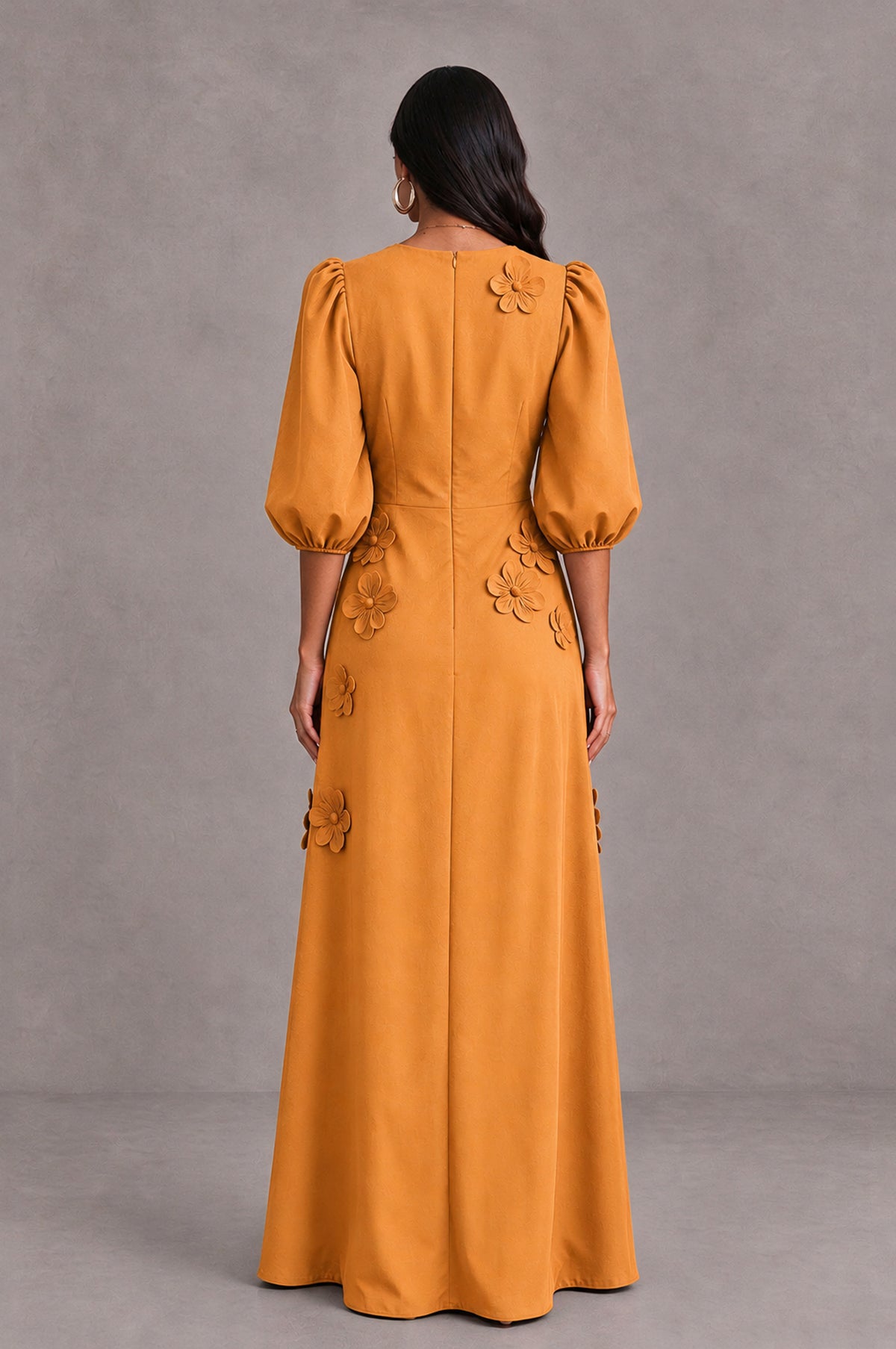 BOLODOO Orange Floral Applique Puff Sleeve A-Line Evening Dress - Orange - Orange (2)