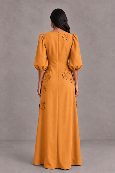 BOLODOO Orange Floral Applique Puff Sleeve A-Line Evening Dress - Orange - Orange (2)