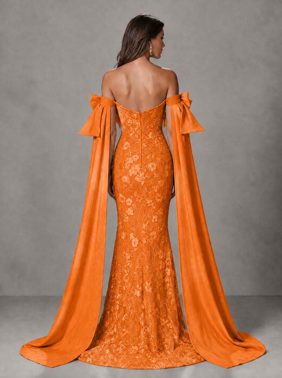 BOLODOO Orange Floral Lace Mermaid Prom Dress with Off-Shoulder Bows - Orange - Orange (2)