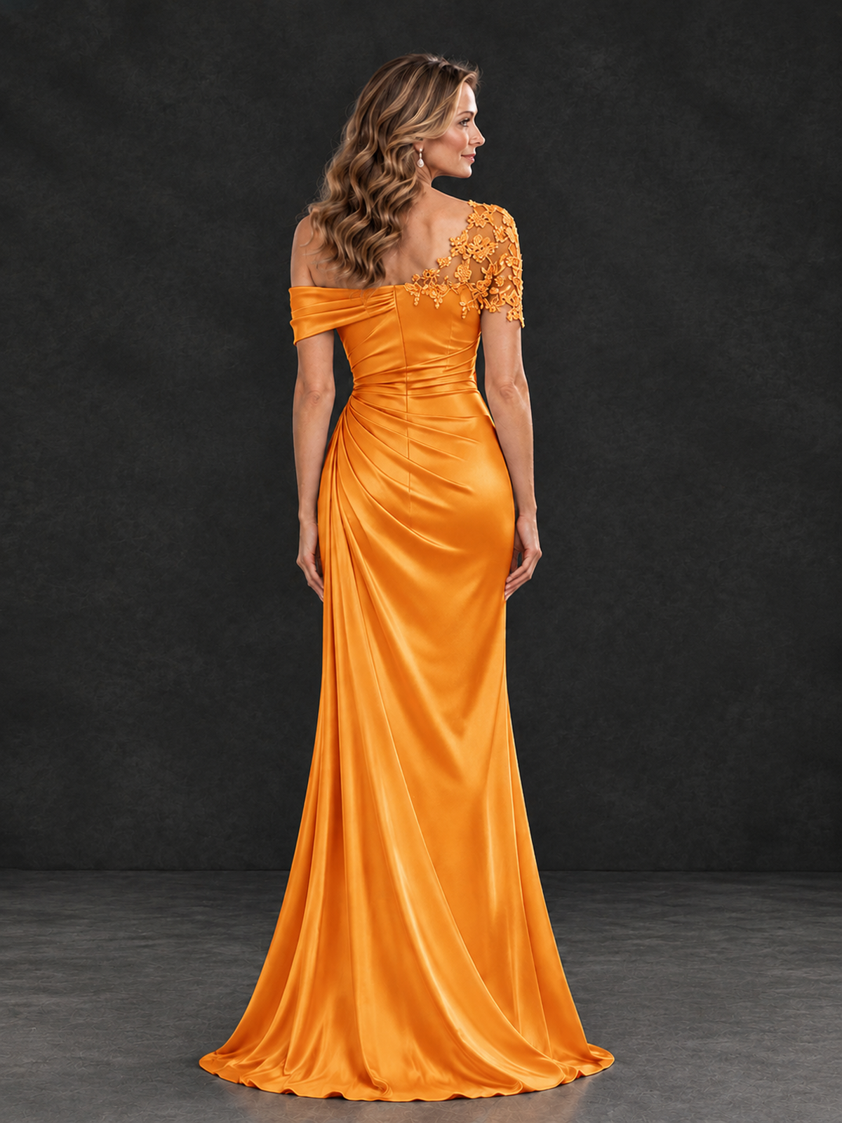 BOLODOO Orange Asymmetric Satin Mother of the Bride Dress with Lace Sleeve - Orange - Orange (2)