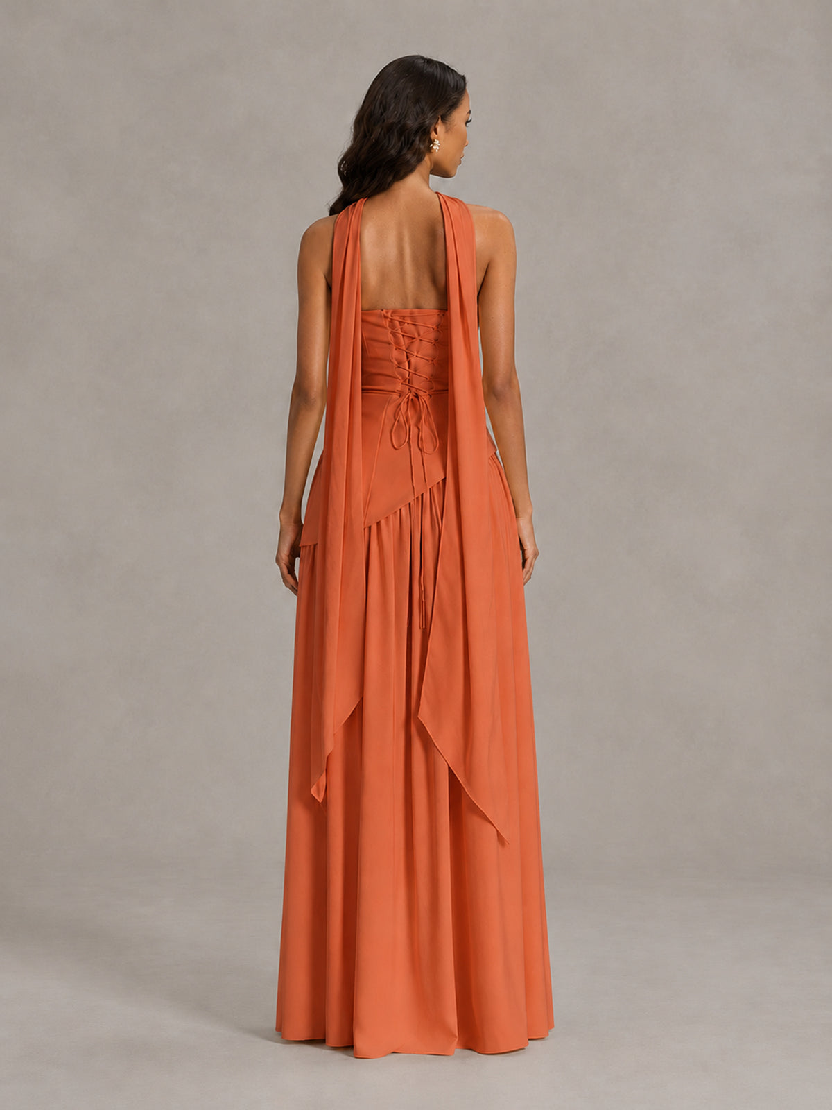 Orange Strapless Bridesmaid Dress with Scarf & High Slit - Orange - Orange (2)