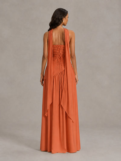 Orange Strapless Bridesmaid Dress with Scarf & High Slit - Orange - Orange (2)