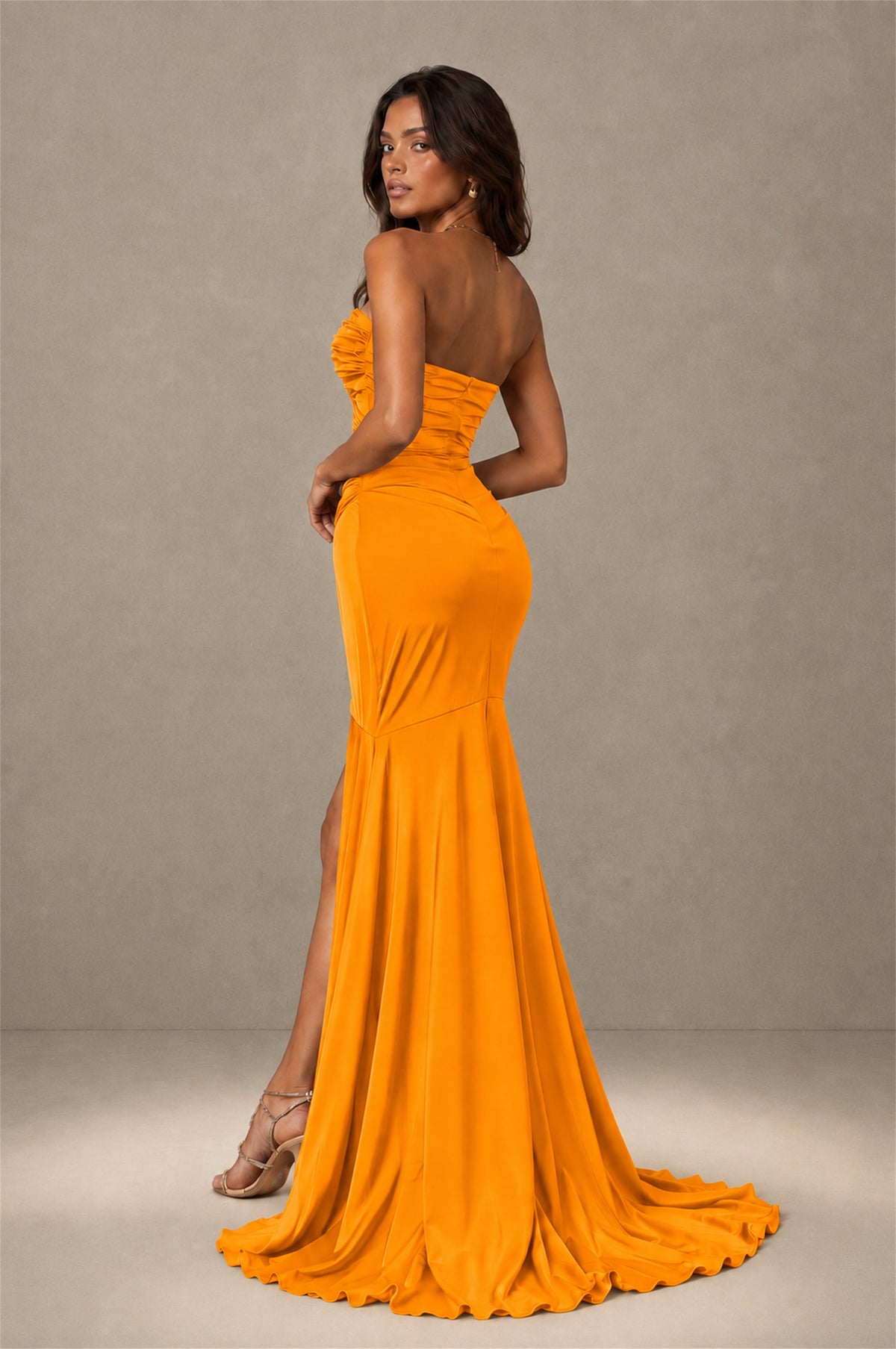 BOLODOO Orange Brown Stretch Satin Sweetheart Strapless Ruched Open Back High Slit Mermaid Maxi Dress - Orange