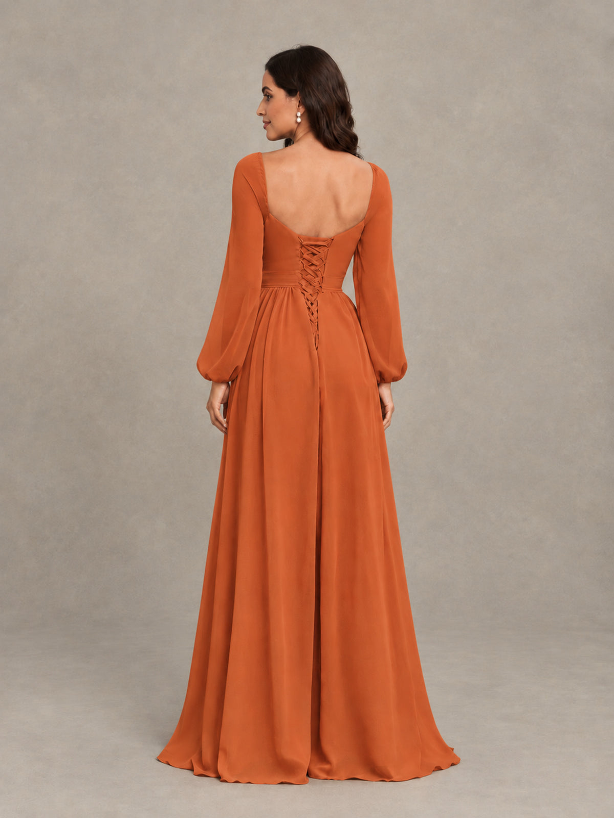 BOLODOO Orange Long Sleeve Chiffon Bridesmaid Dress with Slit - Orange - Orange (2)