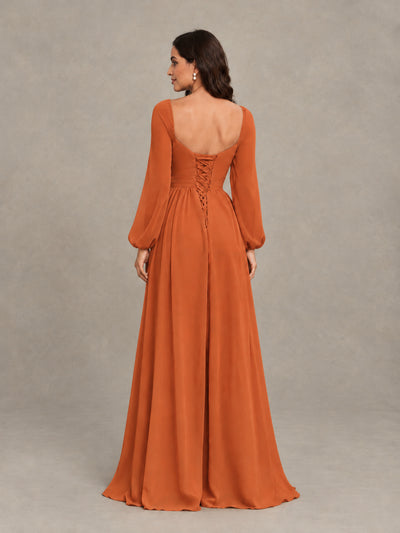 BOLODOO Orange Long Sleeve Chiffon Bridesmaid Dress with Slit - Orange - Orange (2)