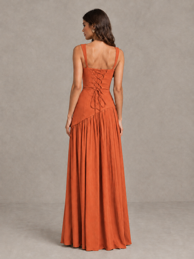 BOLODOO Orange Brown Scarf Bridesmaid Dress with Lace-Up Back - Orange - Orange (2)
