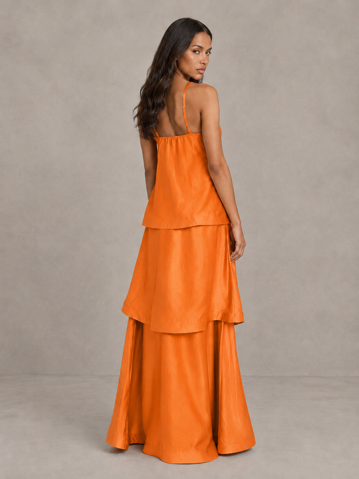 BOLODOO Orange Satin Tiered Maxi Dress with Spaghetti Straps - Orange