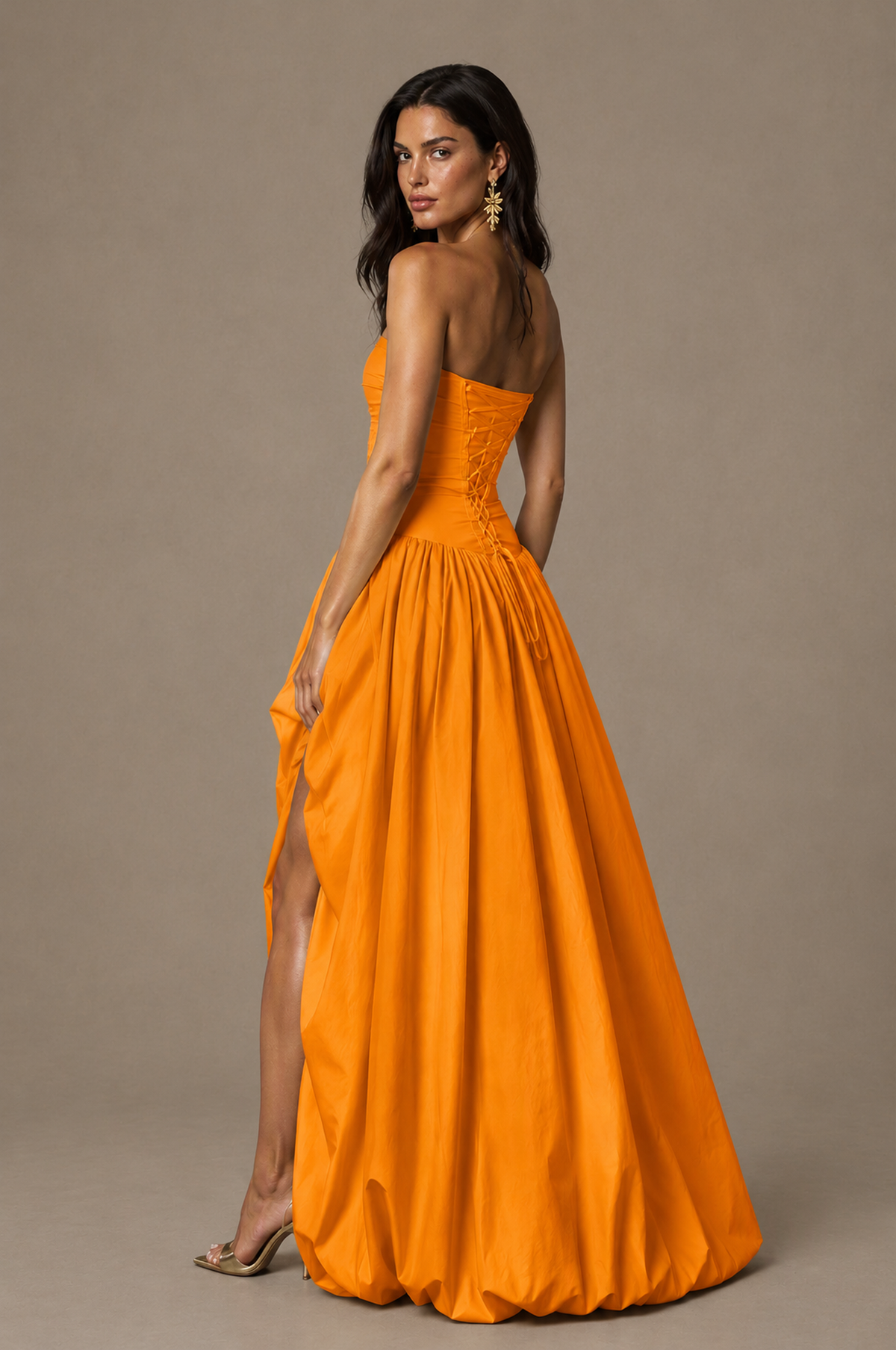 BOLODOO Orange Strapless Ruched Corset Lace-Up Back Bubble Skirt High Slit Taffeta Maxi Dress - Orange