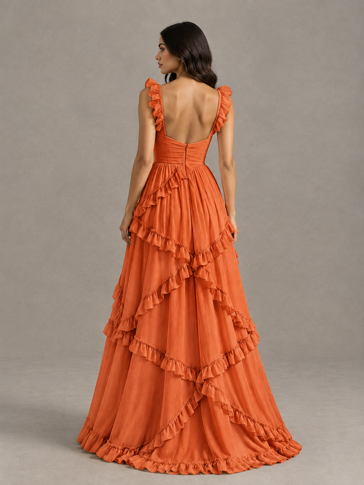 BOLODOO Orange Ruffle A-Line Prom Dress with Open Back - Orange - Orange (2)