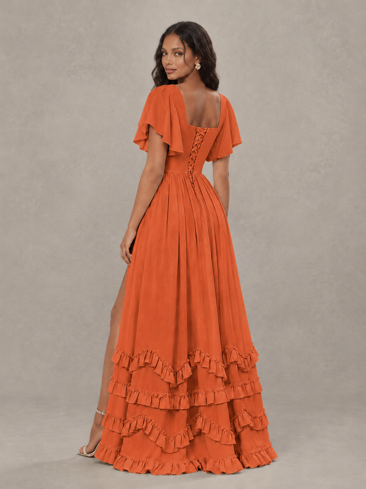 BOLODOO Orange V-Neck Flutter Sleeve Ruffle Bridesmaid Dress with Slit - Orange - Orange (2)