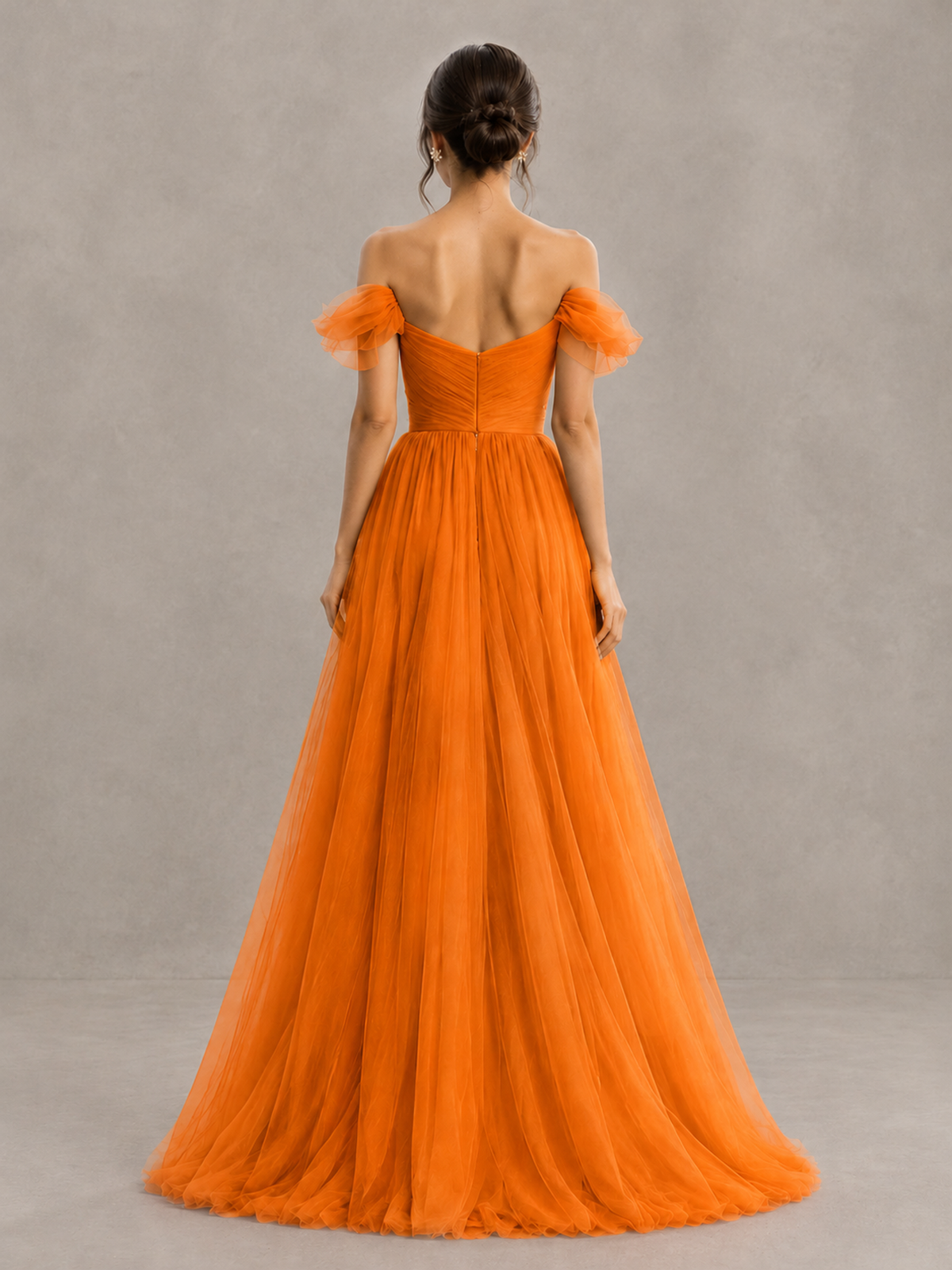 BOLODOO Orange Off-the-Shoulder Ruffle Sleeve A-Line Bridesmaid Dress - Orange - Orange (2)