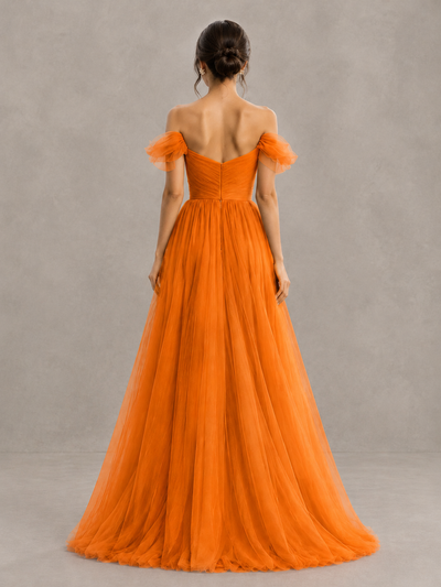 BOLODOO Orange Off-the-Shoulder Ruffle Sleeve A-Line Bridesmaid Dress - Orange - Orange (2)