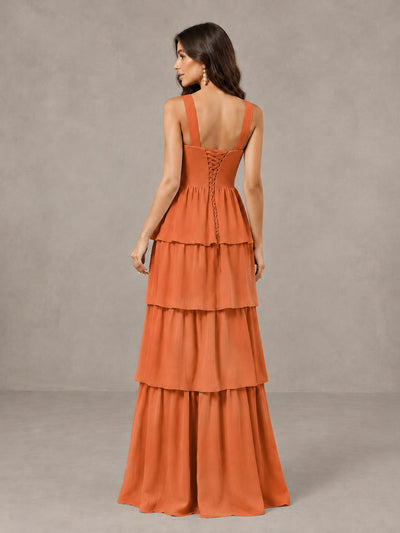 BOLODOO Orange Square Neck Tiered Bridesmaid Dress with Slit - Orange - Orange (2)
