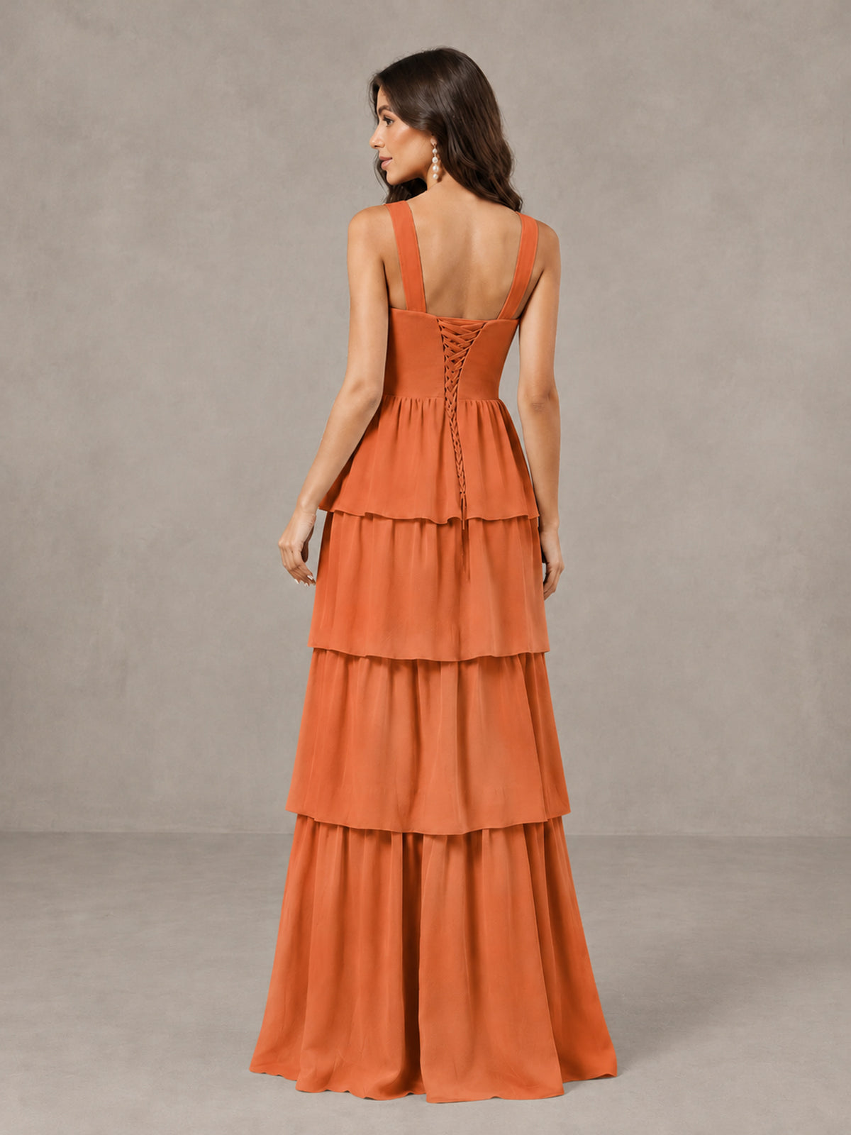 BOLODOO Orange Square Neck Tiered Bridesmaid Dress with Slit - Orange - Orange (2)