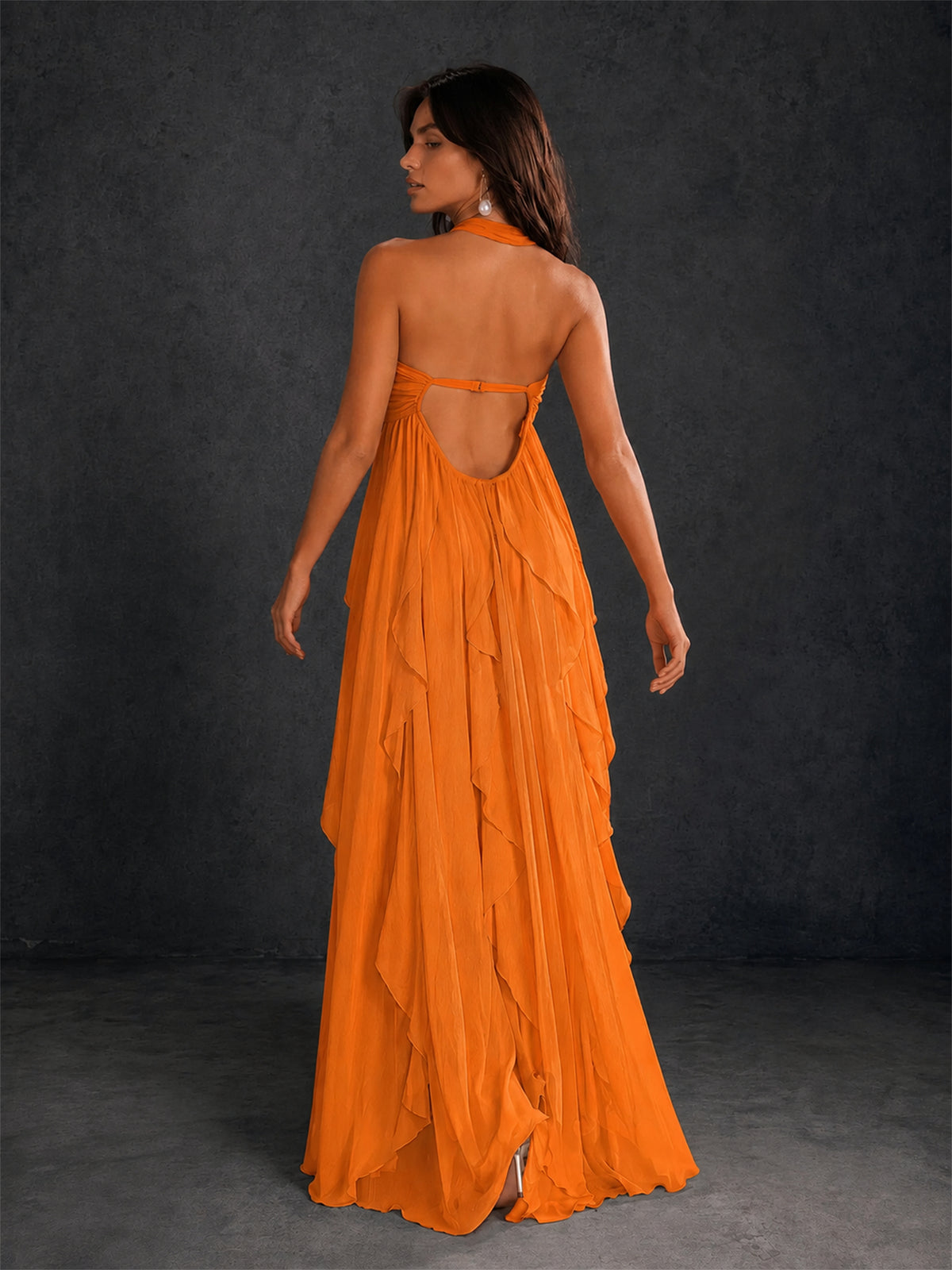 BOLODOO Orange Halter Neck Cascading Ruffle Chiffon Maxi Dress | Keyhole Open Back - Orange