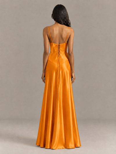 BOLODOO Orange Satin Lace-Up Back Maxi Dress - Orange