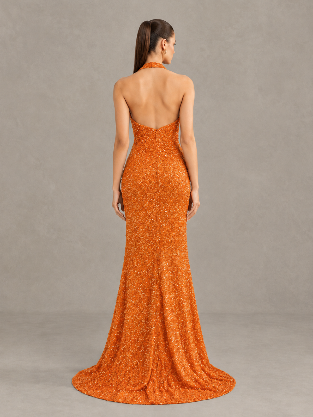 BOLODOO Orange Sequin Halter Open Back Evening Gown with High Slit - Orange - Orange (2)