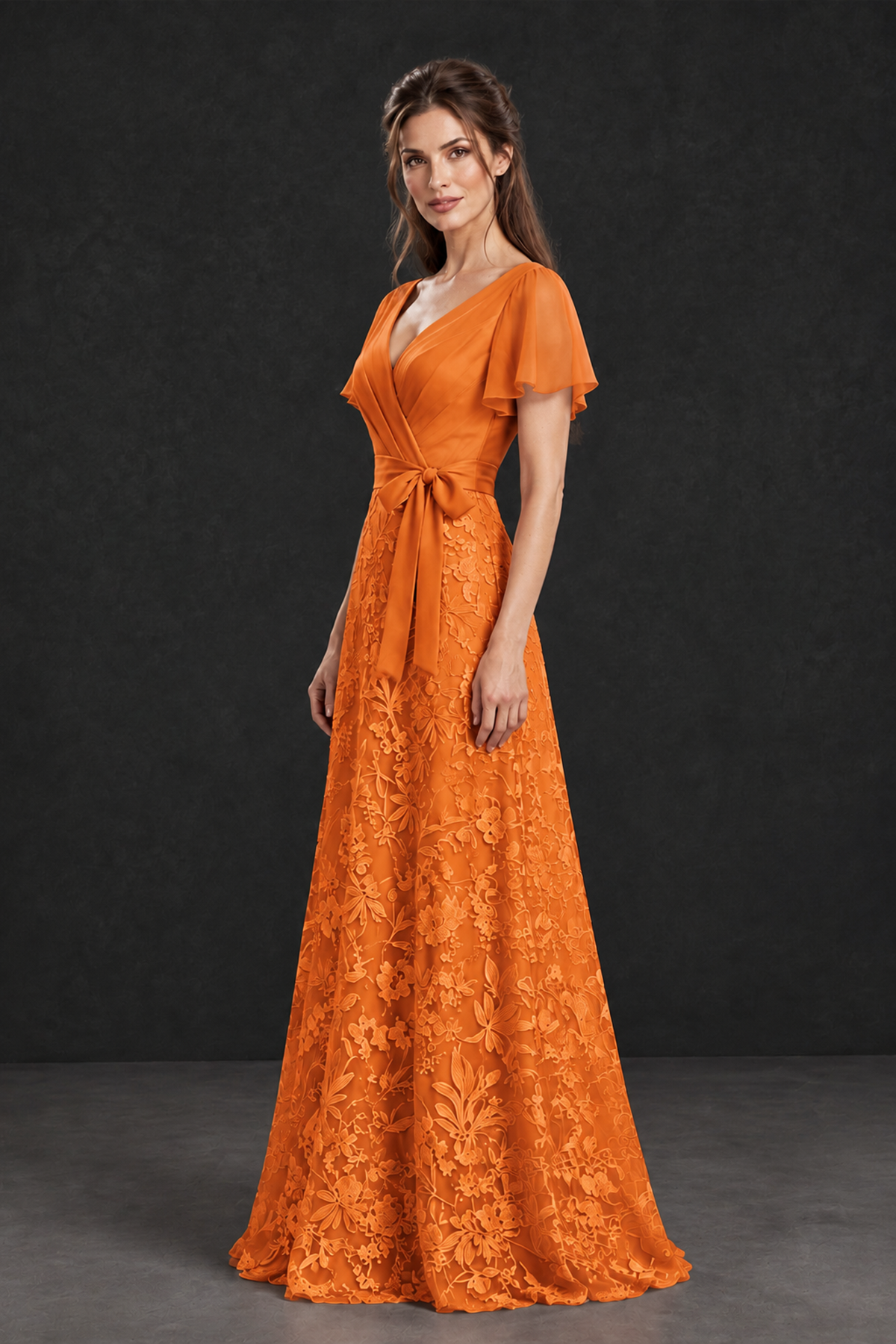 BOLODOO Orange Flutter Sleeve Lace Mother of the Bride Dress - Orange