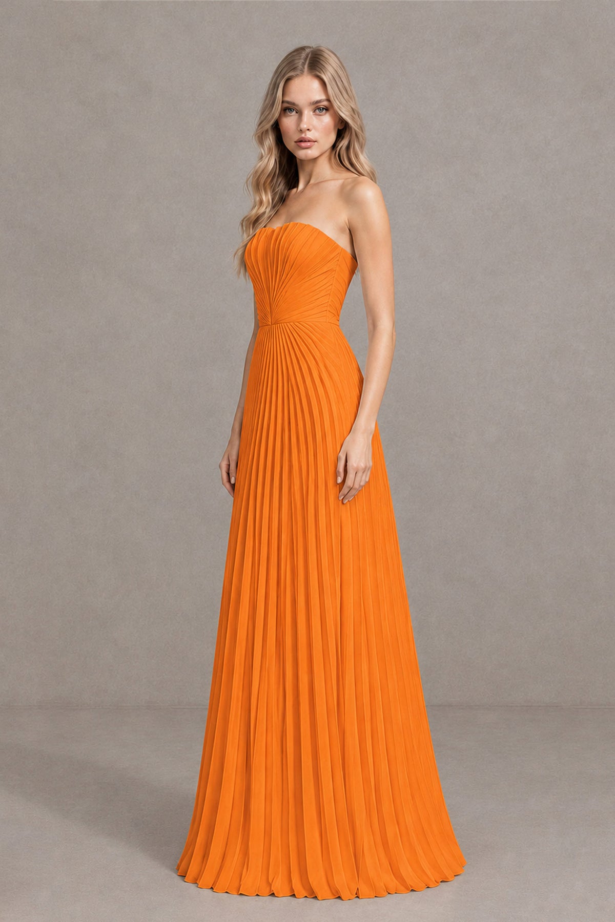 BOLODOO Orange Strapless Sunburst Pleated Twisted Knot Lace-Up Back Accordion Pleated Chiffon Maxi Dress - Orange