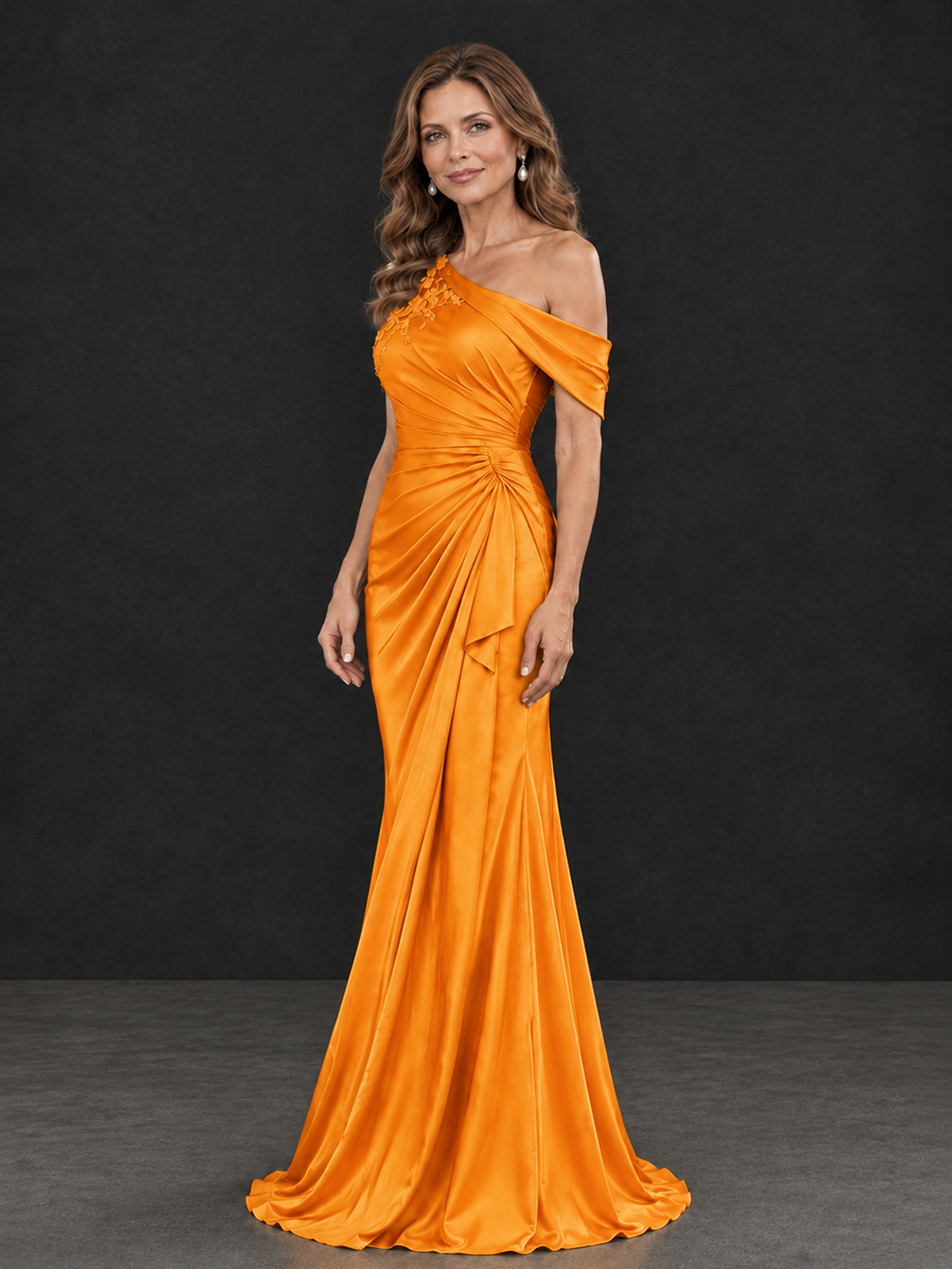 BOLODOO Orange Asymmetric Satin Mother of the Bride Dress with Lace Sleeve - Orange - Orange (3)
