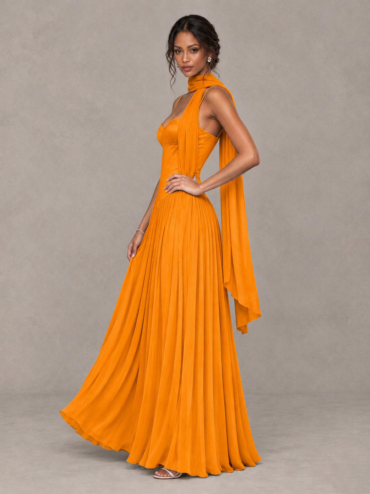 BOLODOO Orange Corset Bridesmaid Dress with Scarf - Orange - Orange (3)