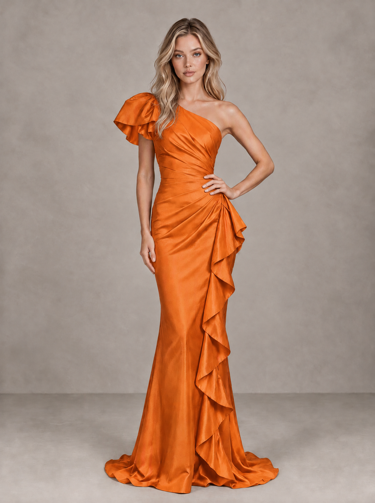BOLODOO Orange One-Shoulder Satin-Look Mermaid Evening Dress with Ruffles - Orange - Orange (3)