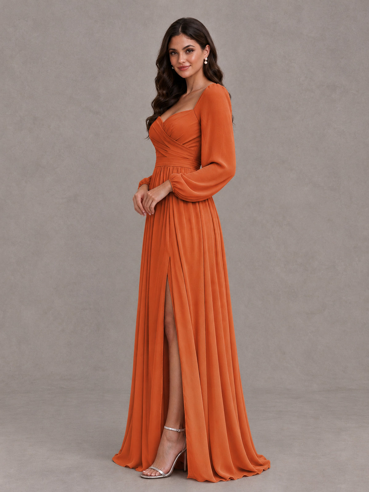 BOLODOO Orange Long Sleeve Chiffon Bridesmaid Dress with Slit - Orange - Orange (3)