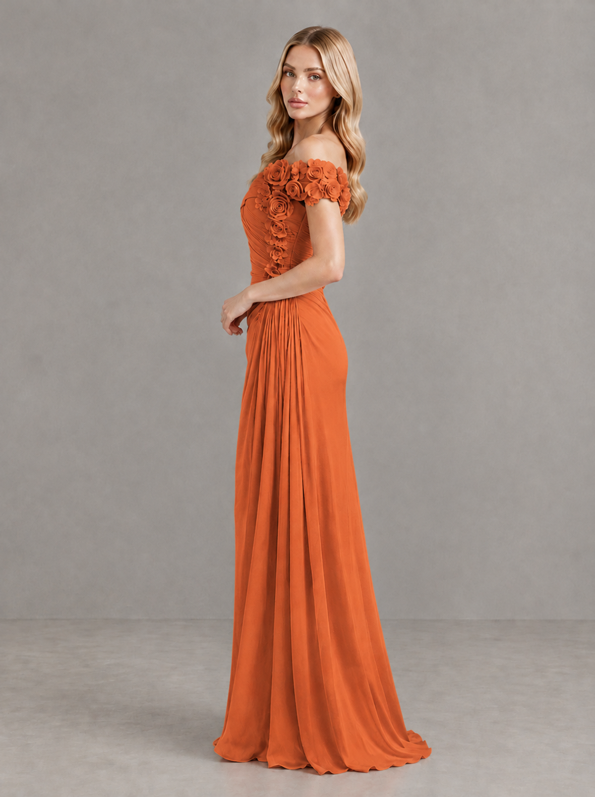 BOLODOO Orange Off-Shoulder Floral Applique Wedding Guest Maxi Dress - Orange - Orange (3)