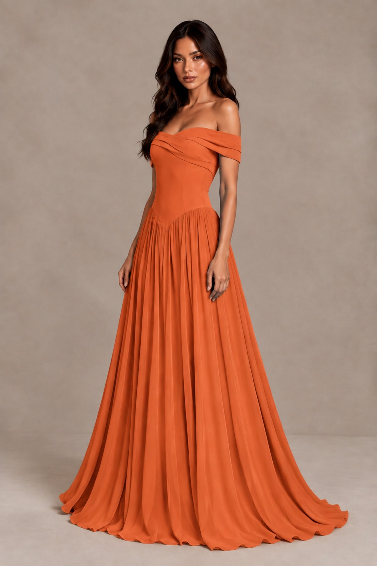 BOLODOO Orange Off-Shoulder Sweetheart Corset Pleated Chiffon Maxi Dress - Orange - Orange (3)