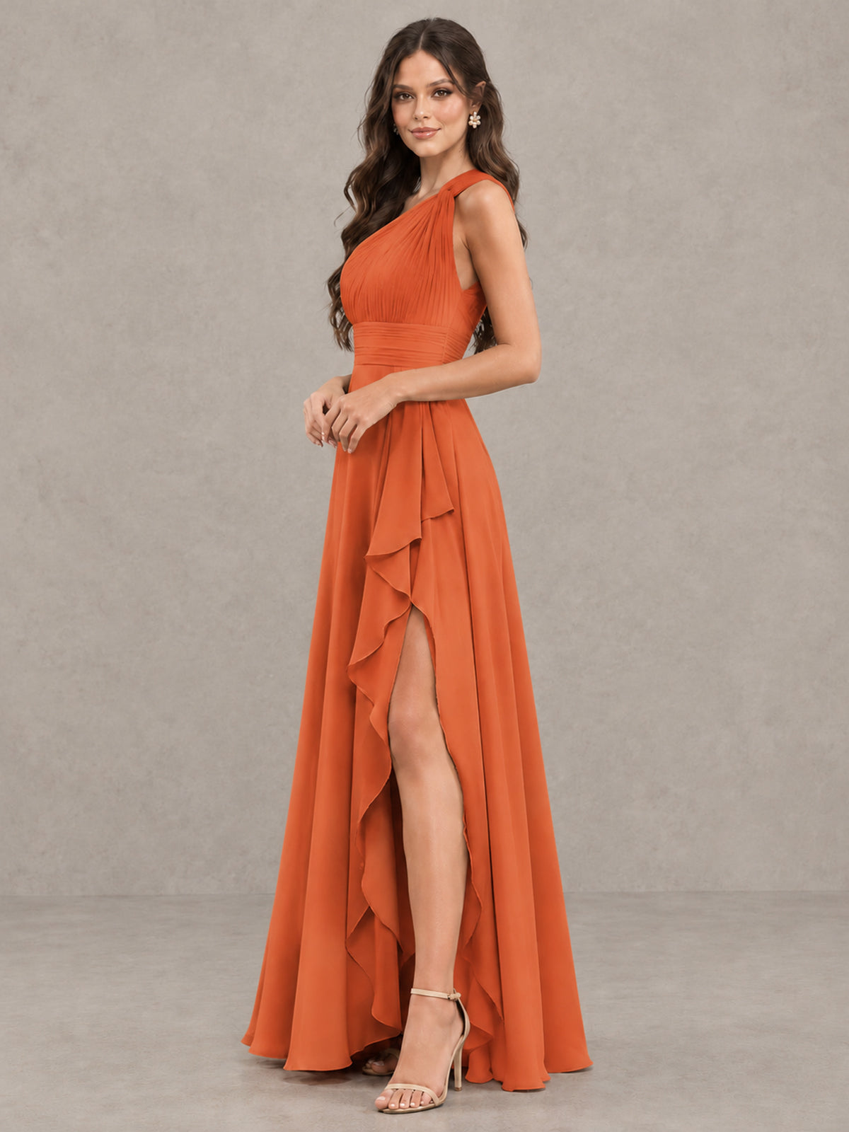 BOLODOO Orange One-Shoulder Ruffle Bridesmaid Dress with Slit - Orange - Orange (3)