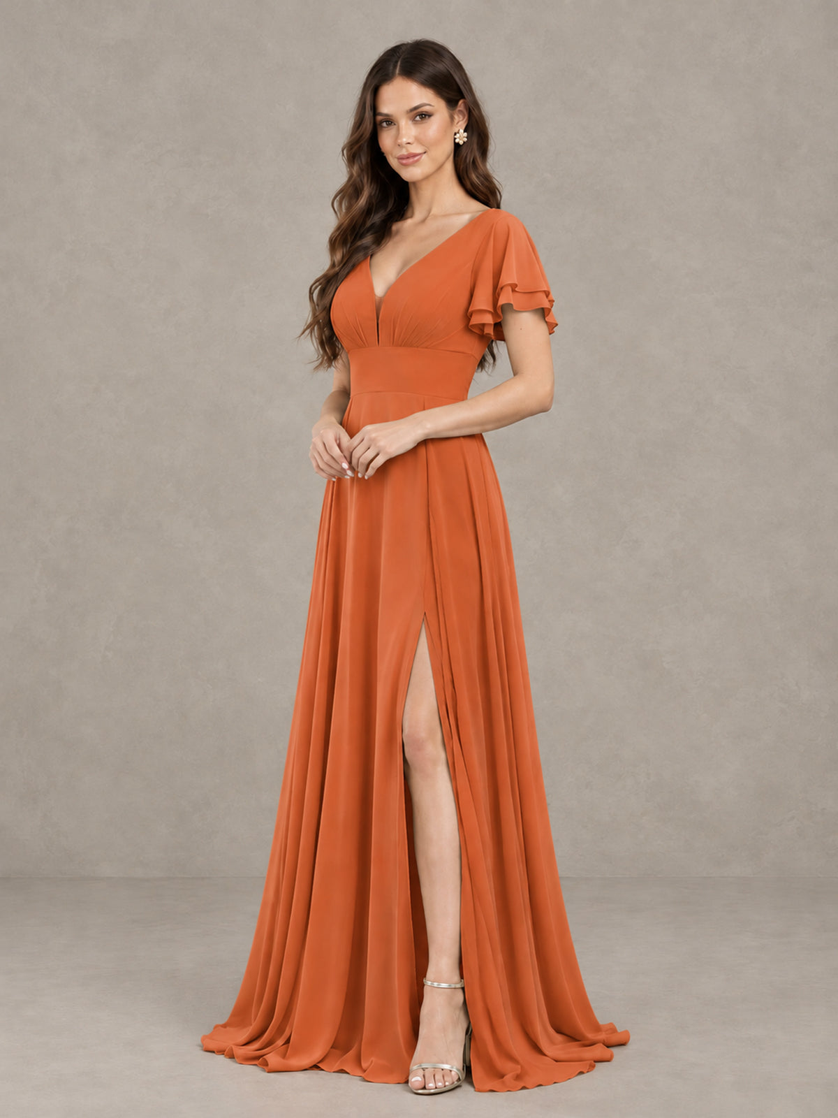 BOLODOO Orange Flutter Sleeve Chiffon A-Line Maxi Bridesmaid Dress with Open Back & Slit - Orange - Orange (3)