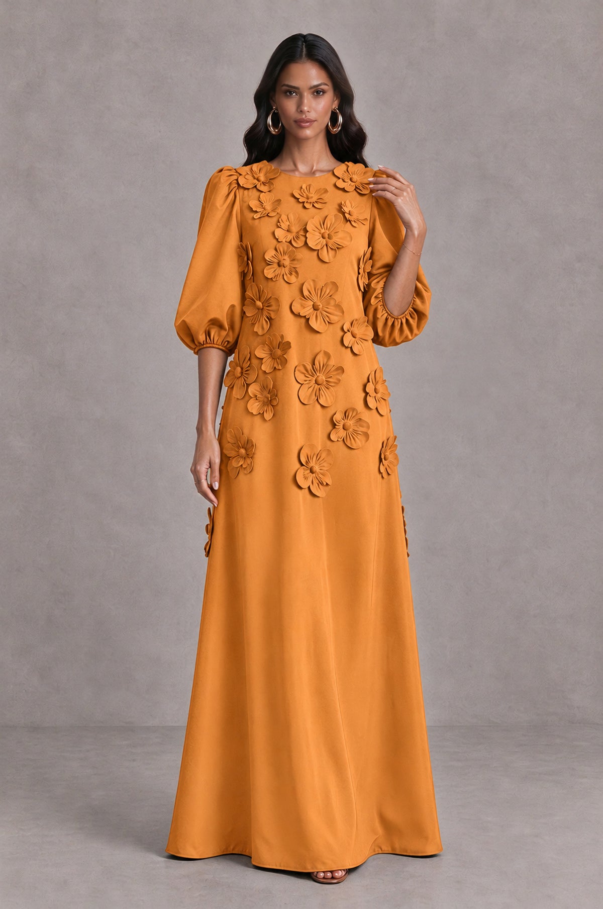 BOLODOO Orange Floral Applique Puff Sleeve A-Line Evening Dress - Orange - Orange (3)