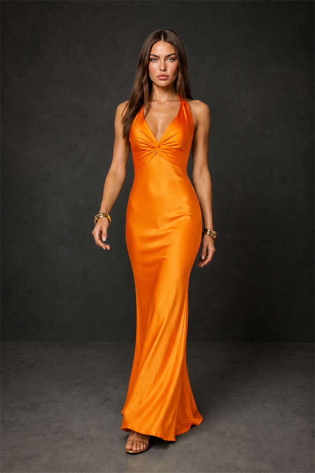 BOLODOO Orange Deep V Neck Twisted Knot Multi-Strap Halter Open Back Satin Mermaid Maxi Dress - Orange