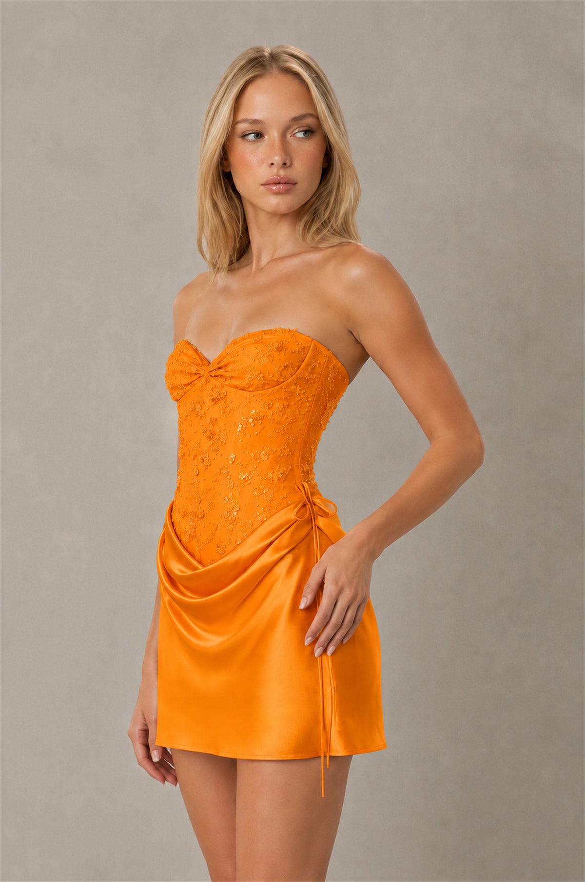 BOLODOO Orange Lace Corset Strapless Sweetheart Satin Mini Dress with Open Back - Orange