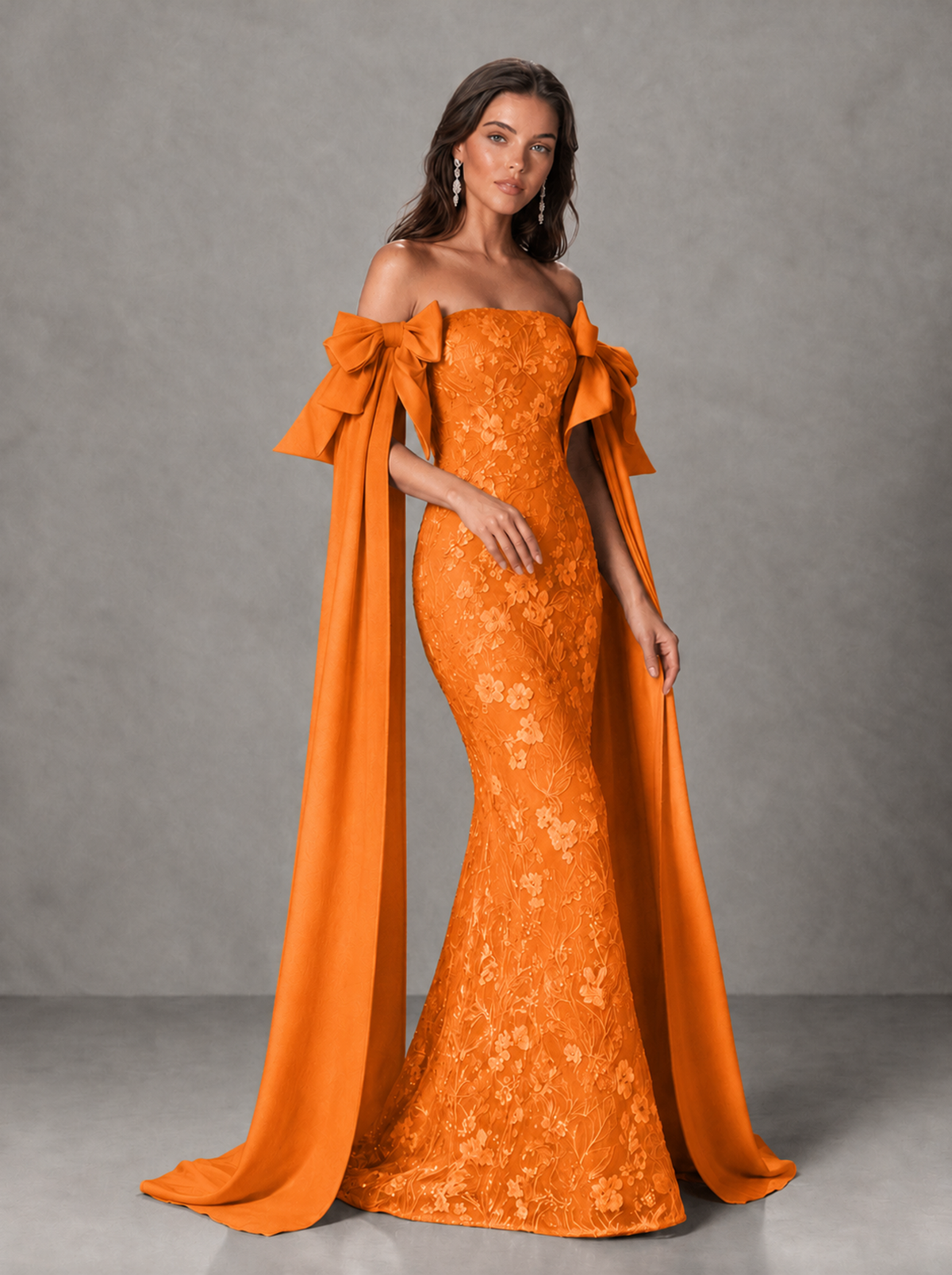 BOLODOO Orange Floral Lace Mermaid Prom Dress with Off-Shoulder Bows - Orange - Orange (3)