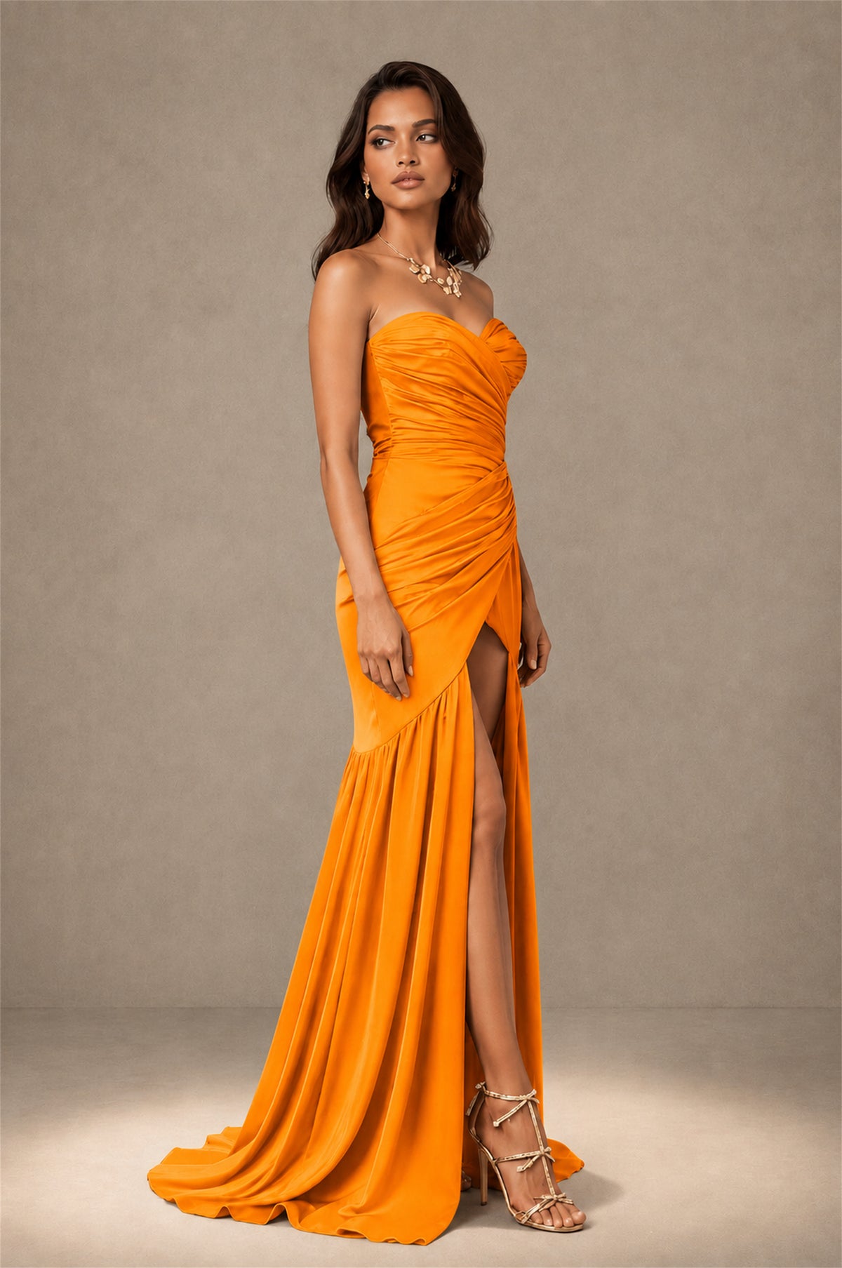 BOLODOO Orange Brown Stretch Satin Sweetheart Strapless Ruched Open Back High Slit Mermaid Maxi Dress - Orange
