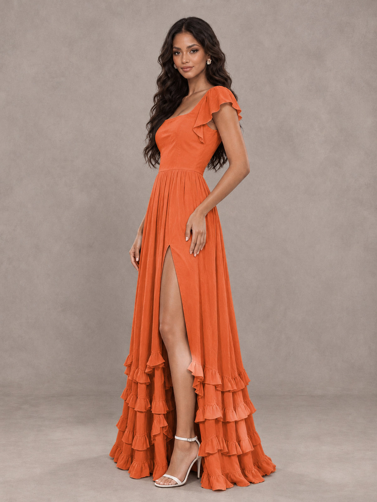 BOLODOO Orange Flutter Sleeve Ruffle Bridesmaid Dress with Slit - Orange - Orange (3)