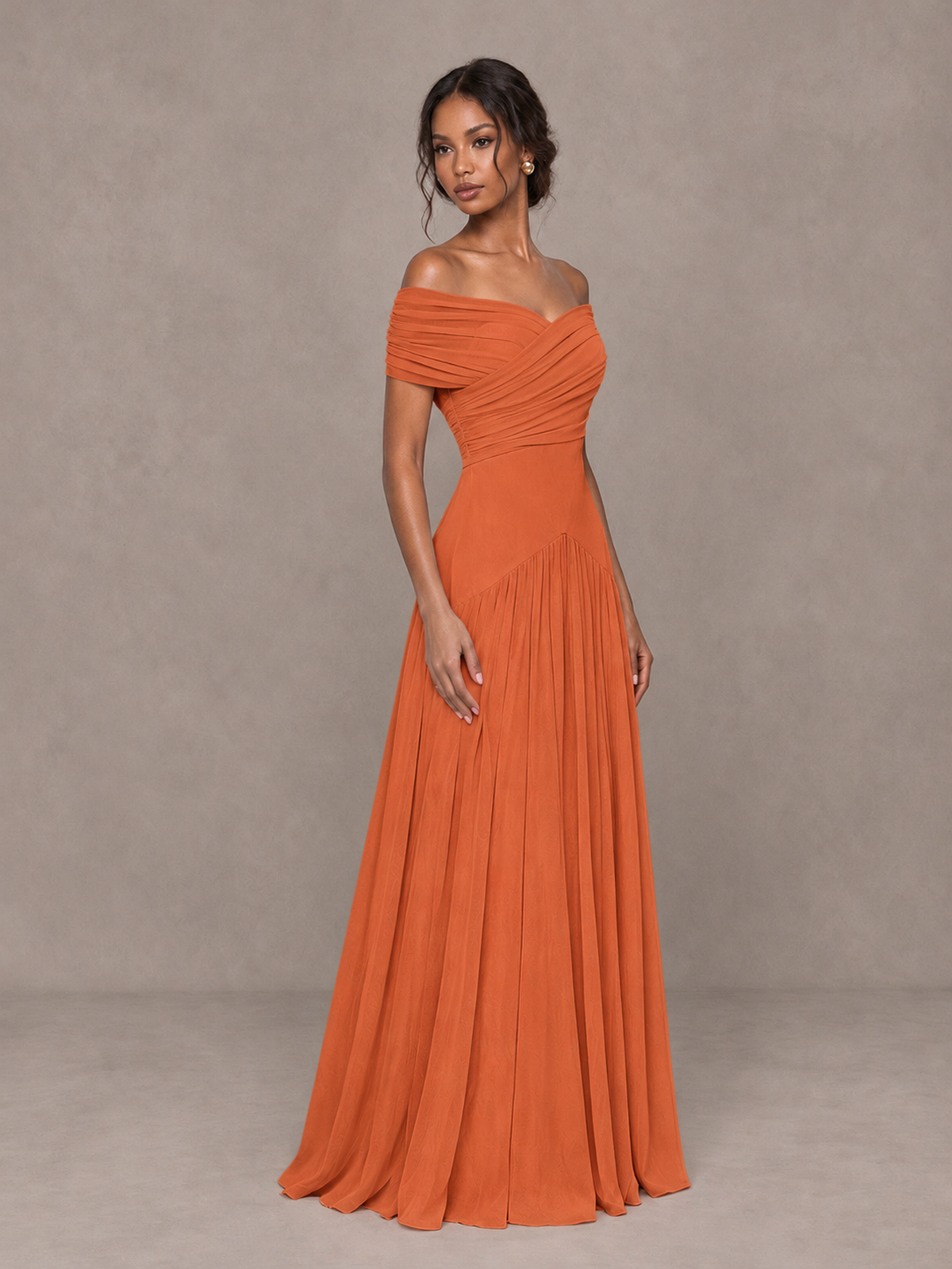 BOLODOO Orange Off-Shoulder Ruched A-Line Bridesmaid Dress - Orange - Orange (3)