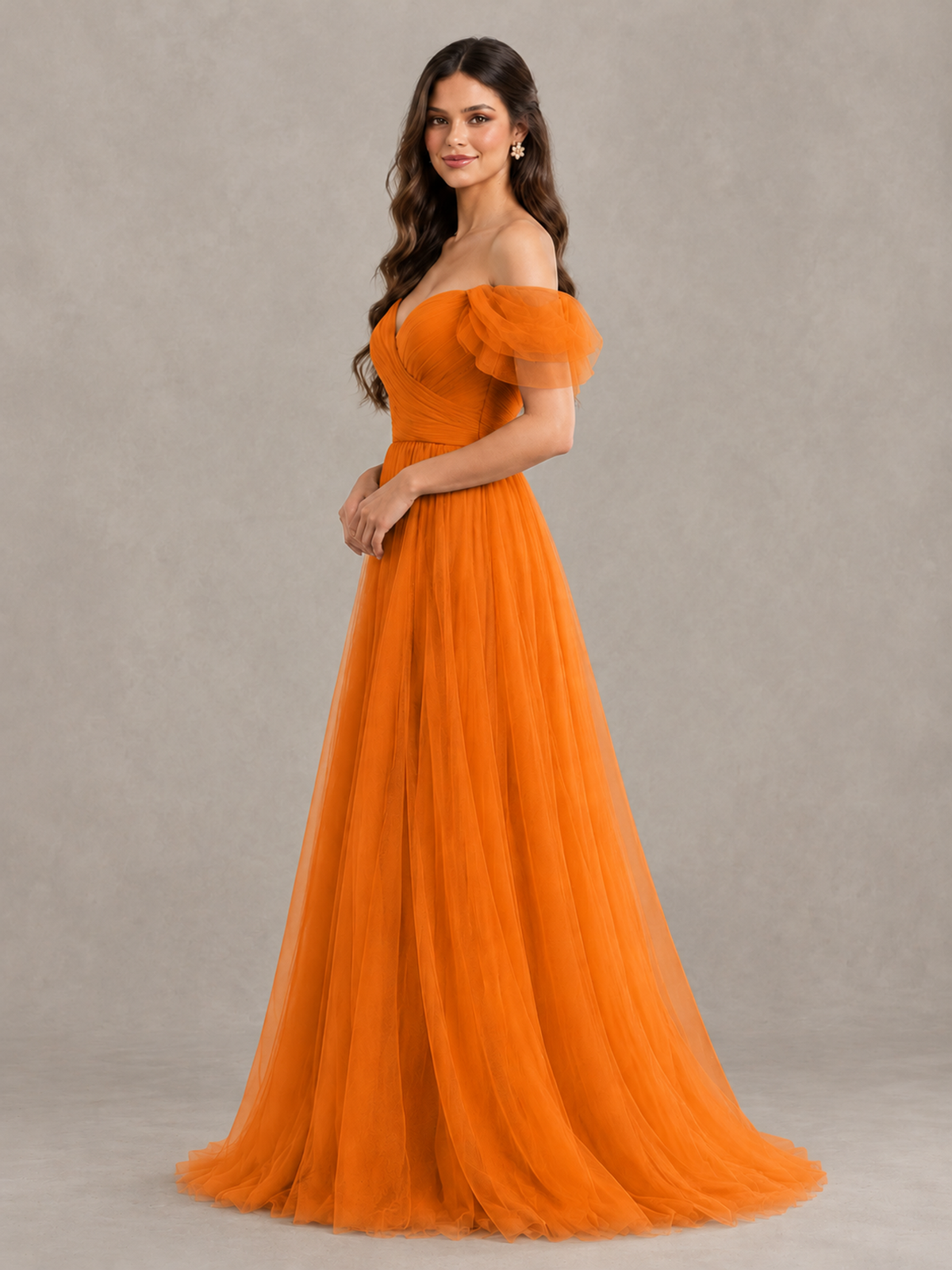 BOLODOO Orange Off-the-Shoulder Ruffle Sleeve A-Line Bridesmaid Dress - Orange - Orange (3)