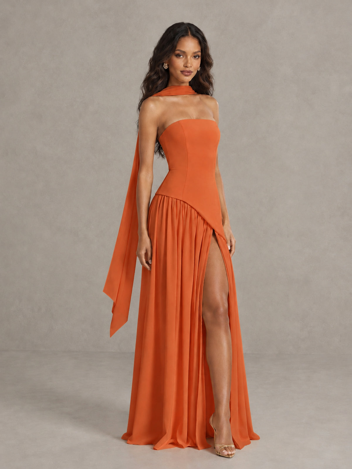 Orange Strapless Bridesmaid Dress with Scarf & High Slit - Orange - Orange (3)