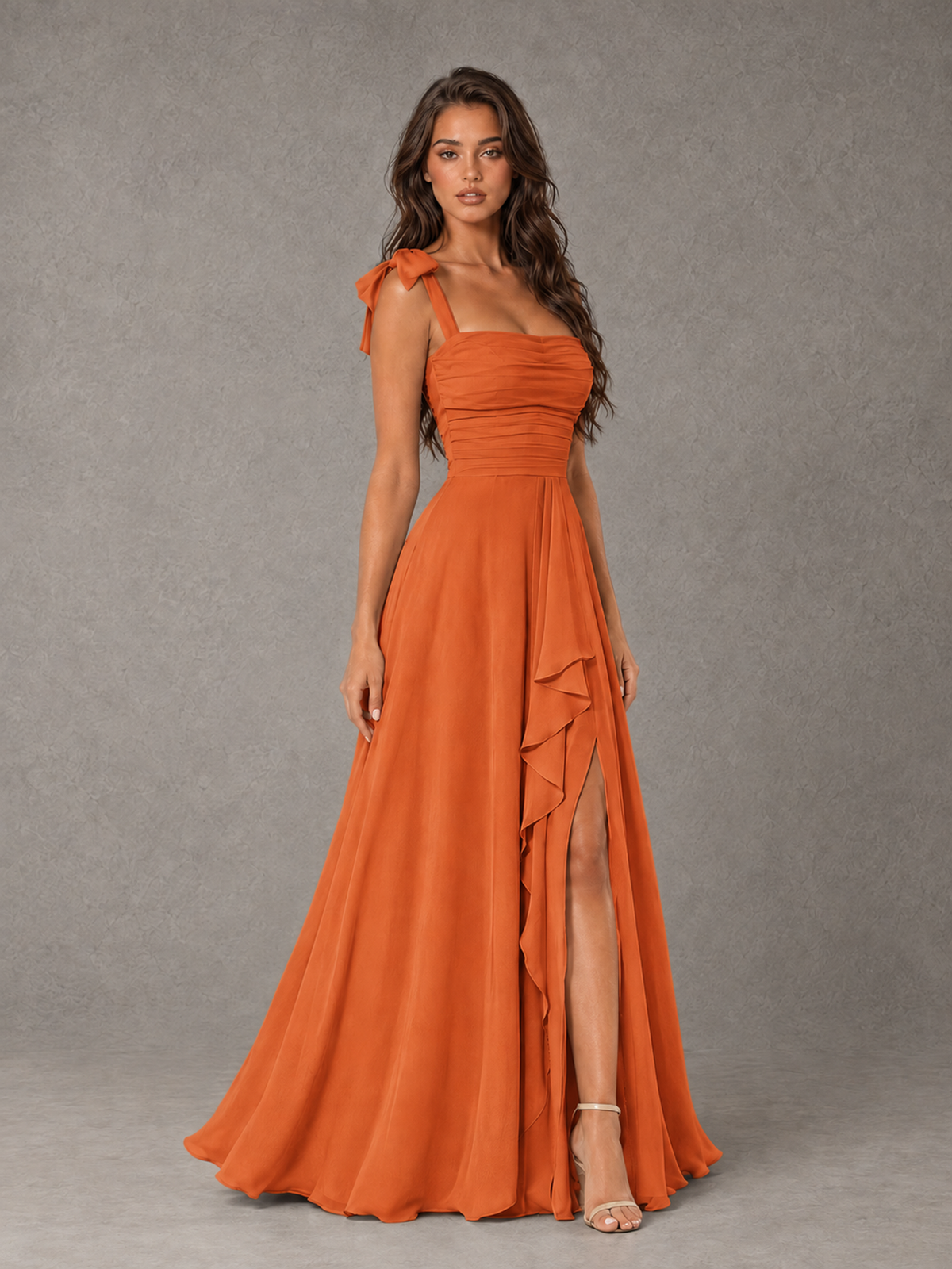 BOLODOO Orange Bow-Strap Bridesmaid Dress with Ruffle Slit - Orange - Orange (3)