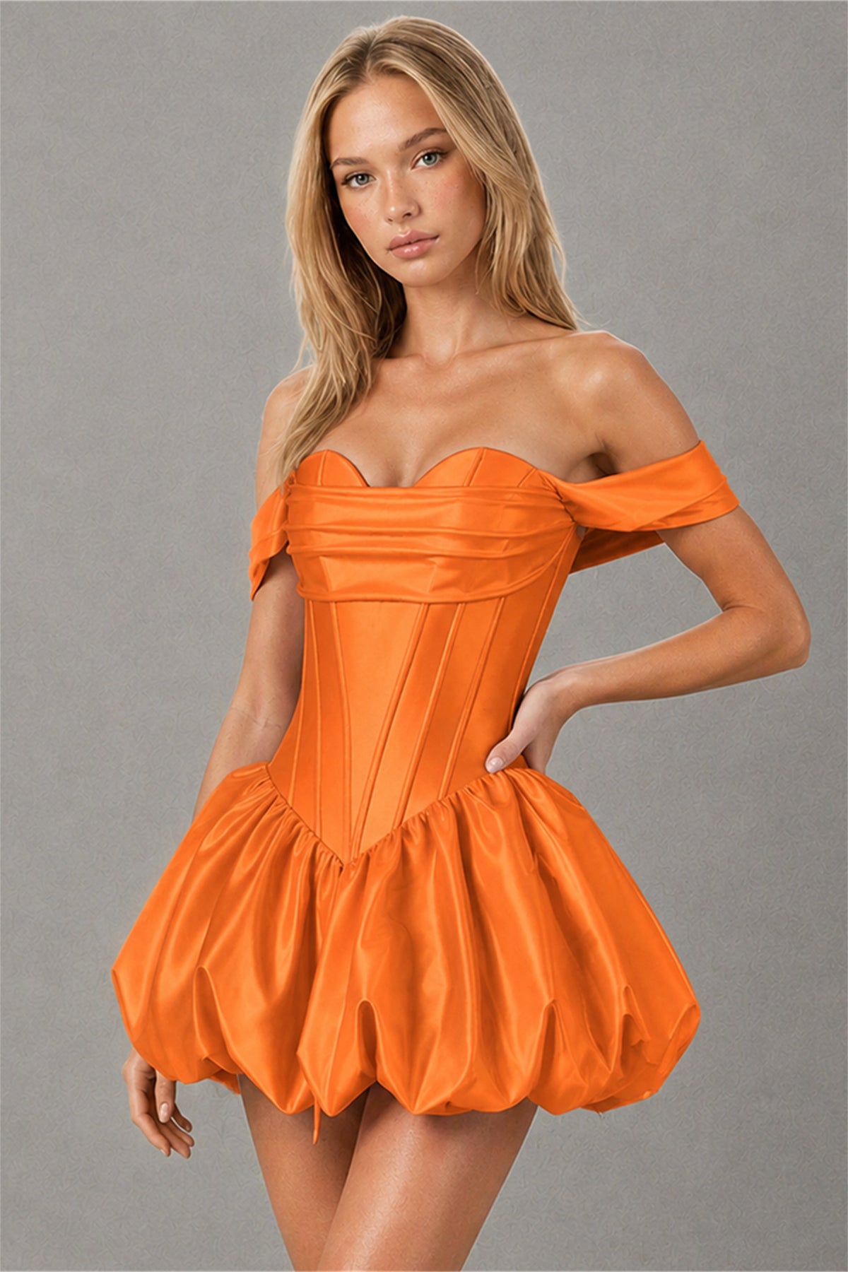 BOLODOO Orange Off-Shoulder Satin Corset Bubble Mini Dress - Orange
