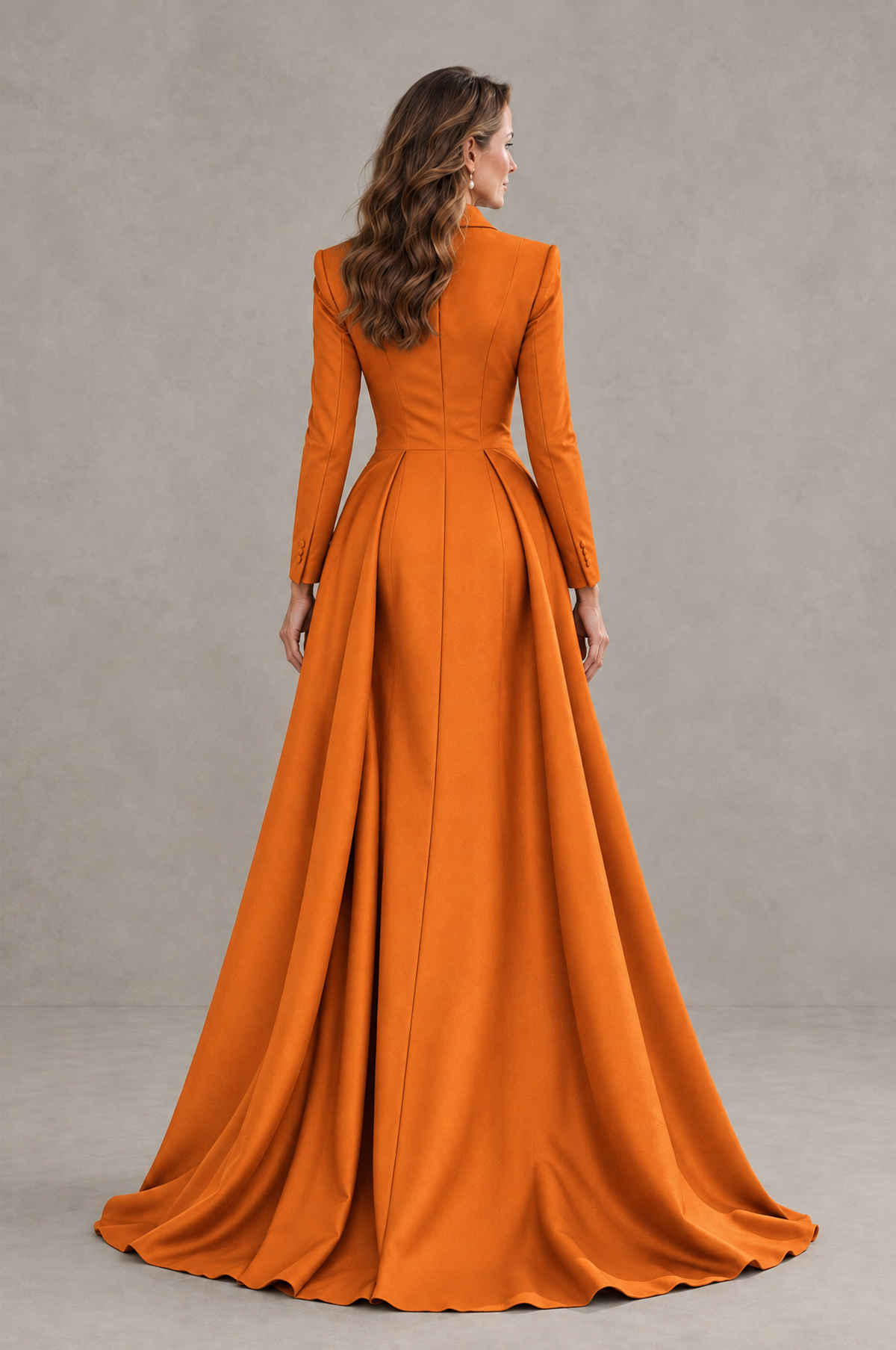 BOLODOO Orange Long Sleeve Lace Blazer Gown with High Slit - Orange - Orange (3)