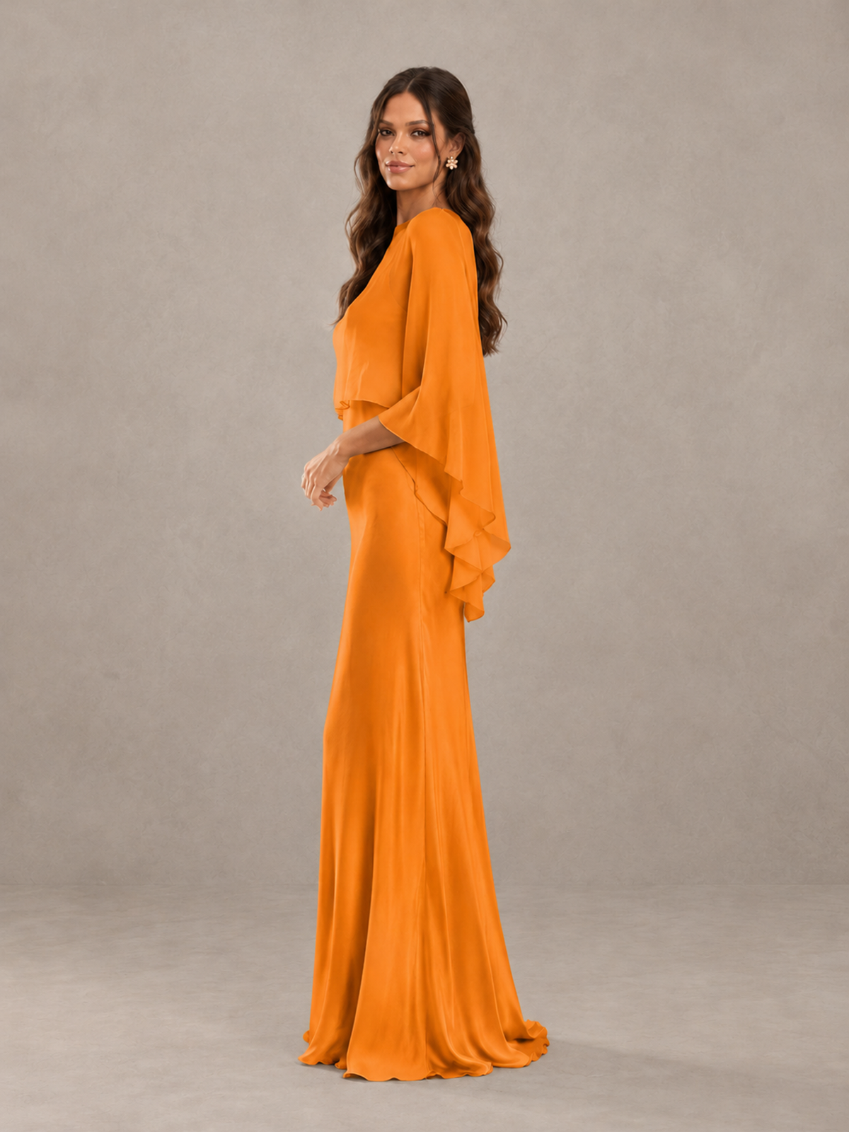 BOLODOO Orange Satin Mermaid Bridesmaid Dress with Chiffon Cape - Orange - Orange (3)