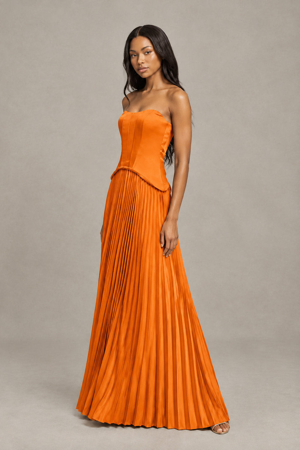 BOLODOO Orange Strapless Pleated Satin Evening Prom Dress - Orange