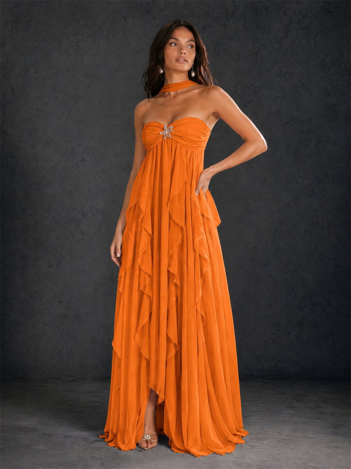 BOLODOO Orange Halter Neck Cascading Ruffle Chiffon Maxi Dress | Keyhole Open Back - Orange