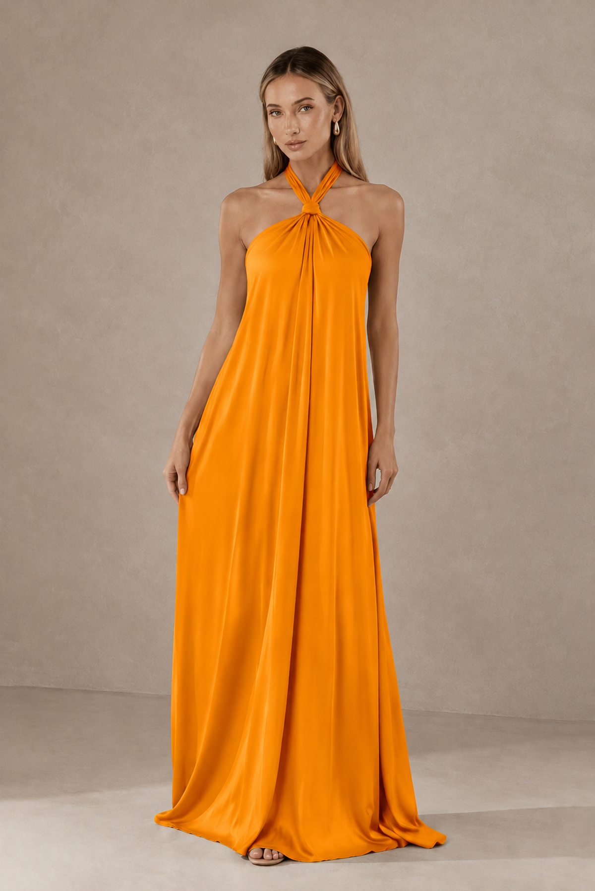 BOLODOO Orange Backless Halter Satin Bridesmaid Dress - Orange